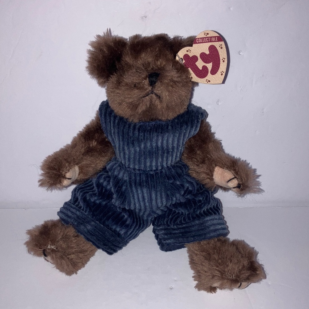 Vintage Ty Brown Teddy Bear “Christopher” with Blue Corduroy Outfit 9”